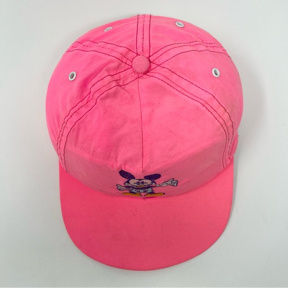 Vintage Disney Embroidered Mickey Mouse Baseball Hat 80s Unisex Flourescent Pink - Picture 3 of 6